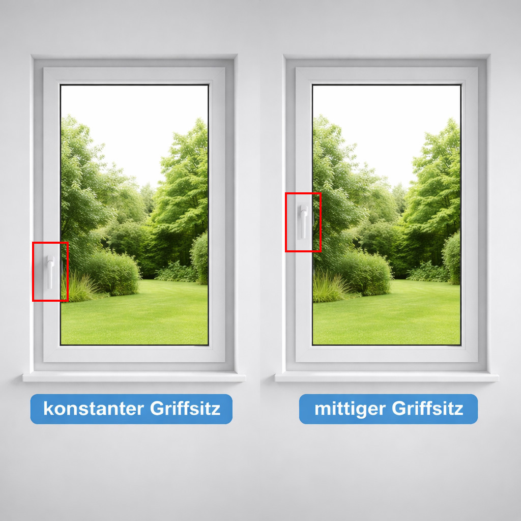 Zwei einflügelige Kunststofffenster. Links = konstanter Griffsitz. Rechts = mittiger Griffsitz.