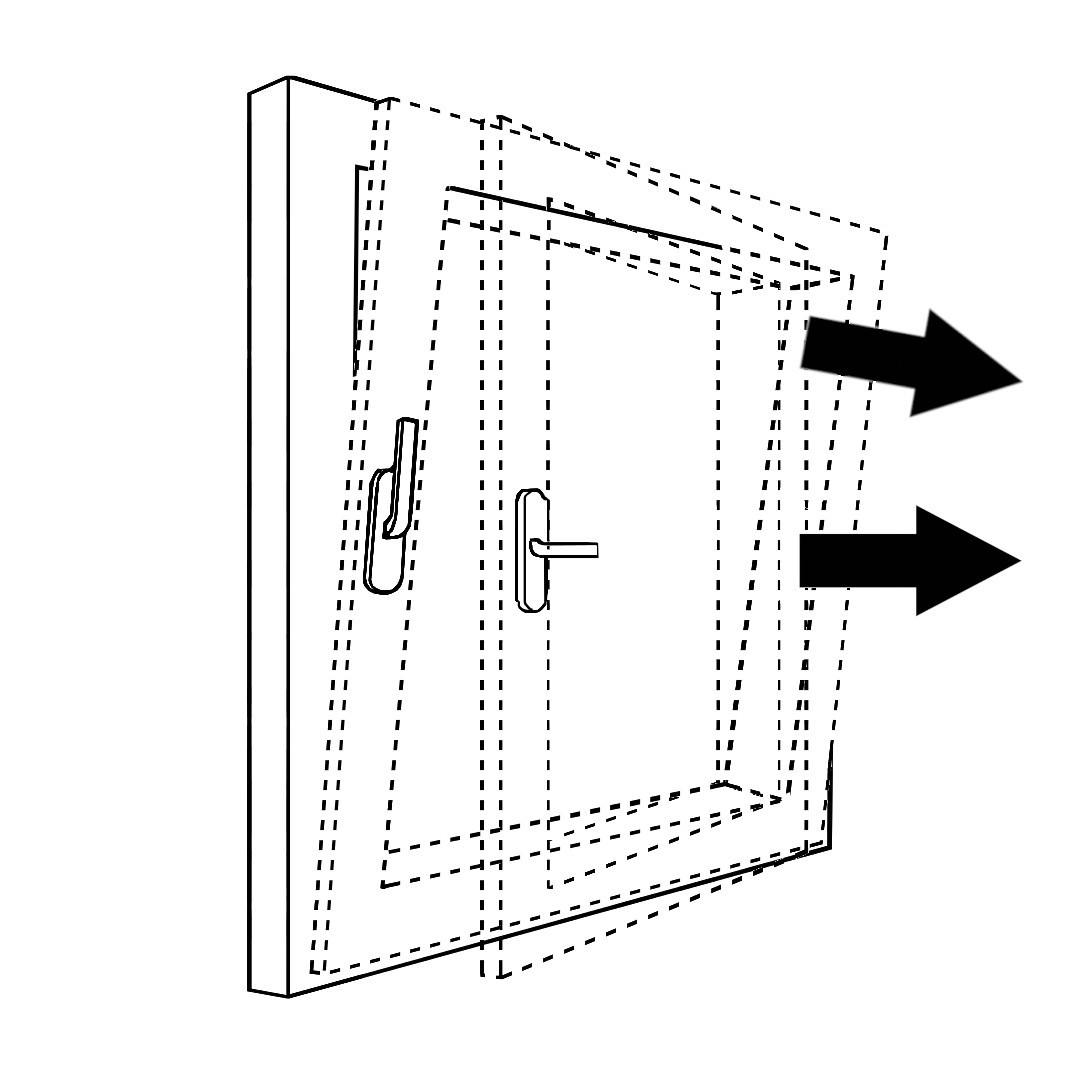 Gezeichnetes Bild eines Dreh-Kipp-Fensters, welches sowohl in Dreh- als auch Kippstellung geöffnet ist. Zwei Pfeile zeigen die Öffnungsrichtung.
