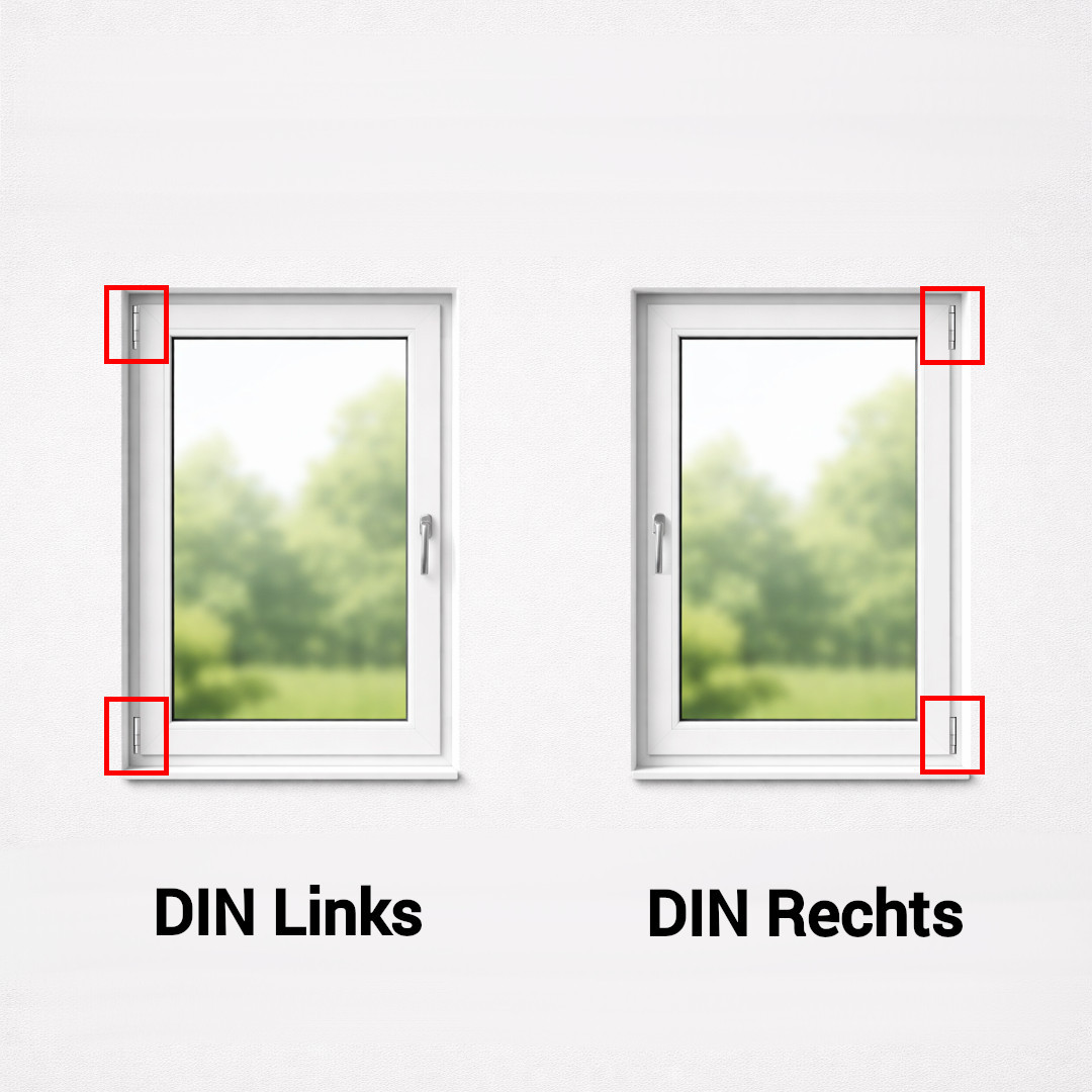 Zwei einflügelige Kunststofffenster. Links = Bänder sitzen links, also DIN Links. Rechts = Bänder sitzen rechts, also DIN Rechts.