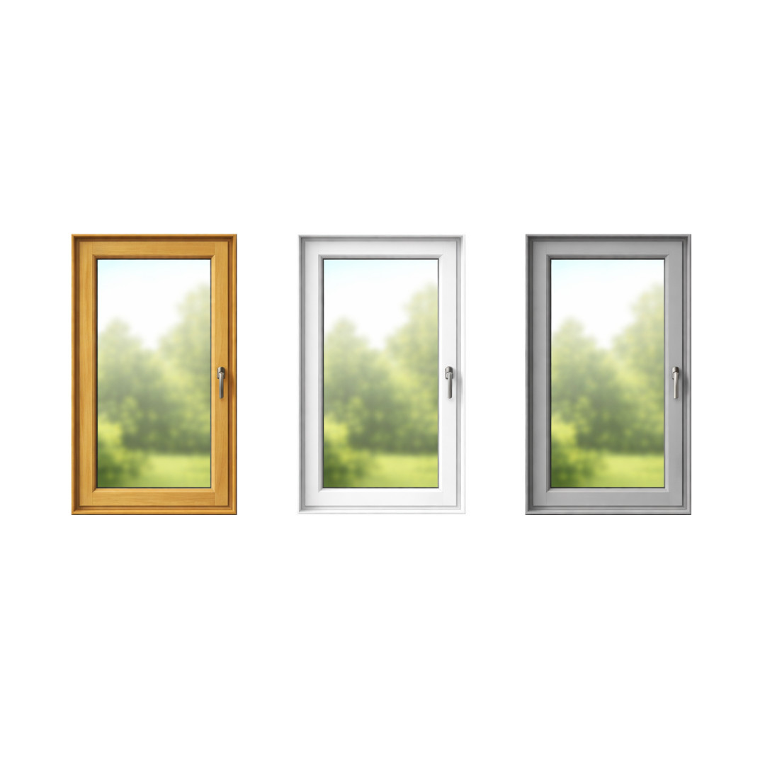 Drei einflügelige Fenster mit verschiedenem Rahmenmaterial. Links = Holz (Lärche), Mitte = Kunststoff, Rechts = Aluminium