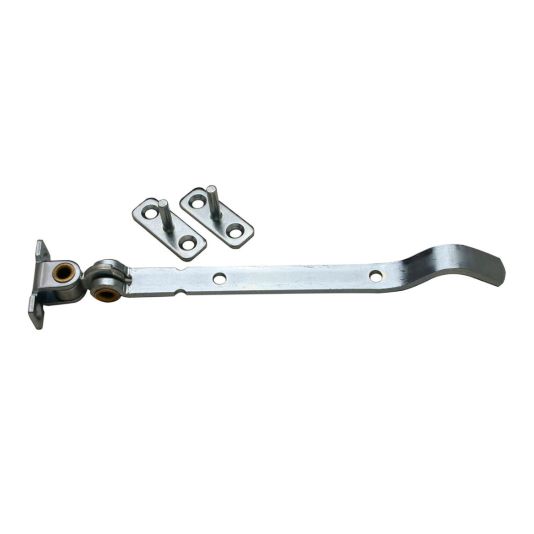 Auf dem Bild ist ein dänischer Fensterfeststeller mit zwei Platten mit Stift in hell verzinkt zu sehen.