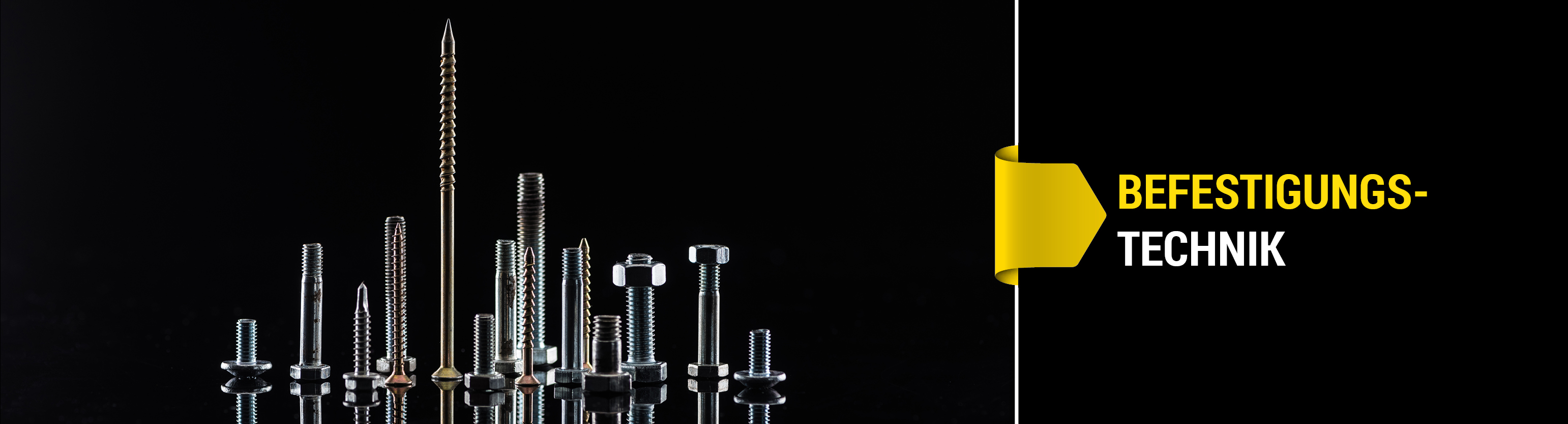 Auf dem Gruppenbanner sind verschiedene Schraubenarten zu sehen. Außerdem ist der Schriftzug "Befestigungstechnik" zu sehen.